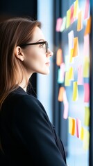 Poster - Businesswoman Analyzing Colorful Sticky Notes on Window, Reflective Surface, Modern Office Setting