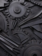 Poster - Abstract composition of black gears and mechanical elements creating a textured industrial backdrop