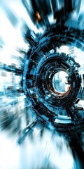 Poster - high tech futuristic interface design with circular, abstract structure in motion, set against white background, creating dynamic and immersive visual experience