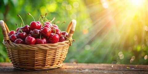 Poster - A wicker basket overflowing with ripe, red cherries sits on a rustic wooden surface, bathed in warm sunlight against a blurred green background.