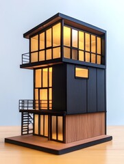 Poster - Modern architectural model of a multi-story house with illuminated windows on a wooden table