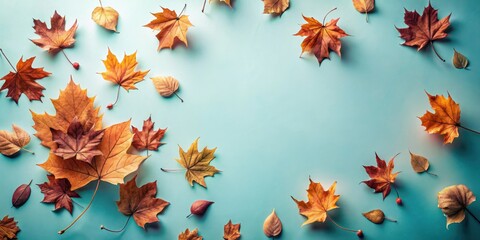 Poster - Autumnal foliage arrangement on a teal background, showcasing a variety of dried leaves and berries.