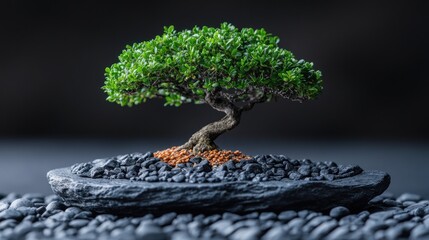 Canvas Print - Bonsai tree on stone tray, zen garden background