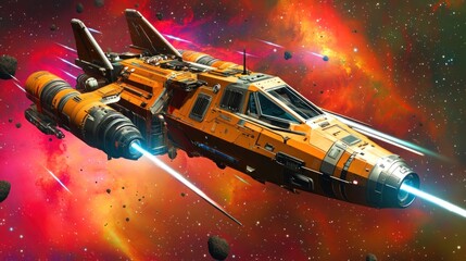 Wall Mural - Orange spaceship nebula flight game backdrop