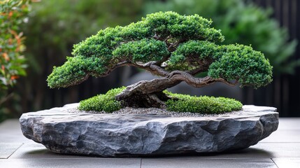 Canvas Print - Bonsai tree on stone tray, outdoor garden background