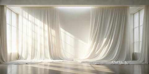 Aufkleber - Serene interior space with flowing ivory curtains and sunlight streaming through large windows