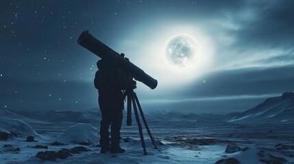 Wall Mural - Arctic astronomer observing moonlit landscape