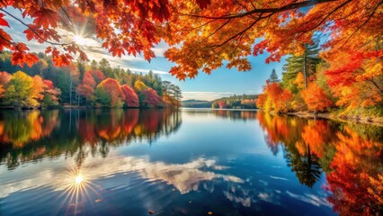 Poster - Autumnal lake scene with vibrant foliage reflected in calm water, sun shining through maple branches