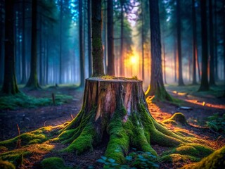 Wall Mural - Mystical Forest: Long Exposure of Ancient Tree Stump at Dusk