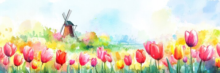 Poster - Colorful tulip fields with a windmill in vibrant spring colors creating a serene landscape. Generative AI