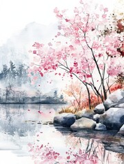 Poster - Serene cherry blossom landscape reflecting on calm water with rocks and trees in tranquil surroundings. Generative AI