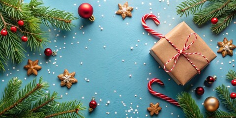 Poster - Festive Holiday Gift with Evergreen Branches, Ornaments, and Candy Canes on a Blue Background