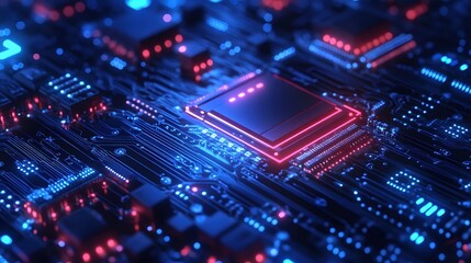 Poster - Futuristic Circuit Board with Glowing Components and Intricate Design in Blue and Red