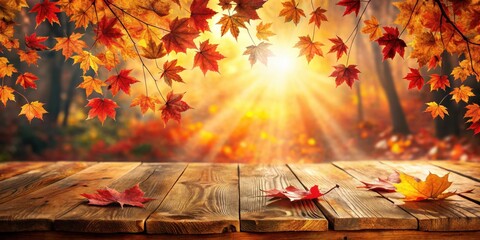 Aufkleber - Rustic Wooden Table with Autumn Leaves and Sunbeams Background