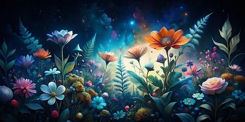 Wall Mural - Night Blooming Wildflowers: Hand-Painted Watercolor Botanical Illustrations on Dark Background