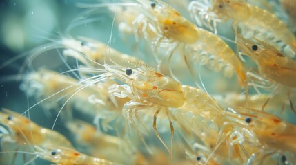 Poster - Numerous translucent shrimp swim gracefully through clear water, showcasing their delicate features in a well lit aquarium setting, revealing details of their habitat and behaviors.