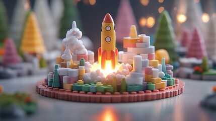 Poster - Toy rocket flying over colorful pile of building blocks with investment growth theme in the background