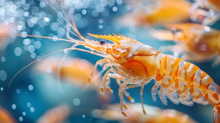 Poster - Brightly colored shrimp move gracefully through clear water, showcasing their unique patterns and textures among swarms of fellow sea creatures in a lively aquatic ecosystem.
