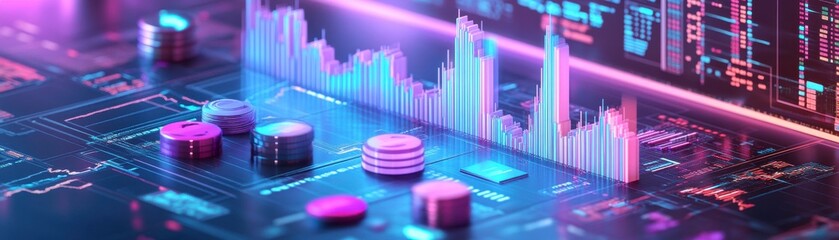 Poster - A vibrant digital interface displaying financial data with colorful graphs and buttons, suggesting a tech-focused environment.