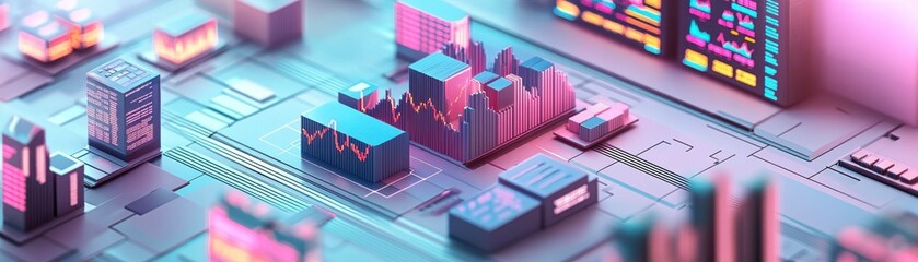 Poster - A vibrant, futuristic cityscape represented on a circuit board, with colorful bars and graphs illustrating data analytics and technology.