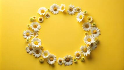 Poster - A vibrant circle of delicate daisies arranged on a sunny yellow background, creating a cheerful and elegant floral frame.