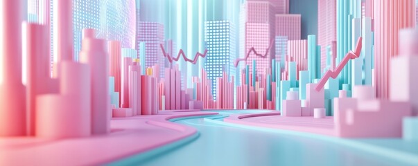 Poster - A vibrant, stylized cityscape featuring pastel colors, geometric buildings, and upward-trending graphs, symbolizing growth and innovation.