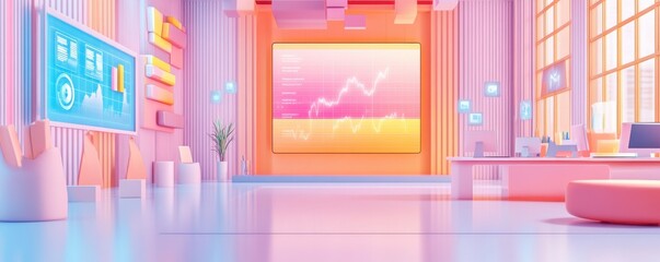 Poster - A modern, colorful office space featuring digital displays, soft lighting, and a large screen showcasing data trends.