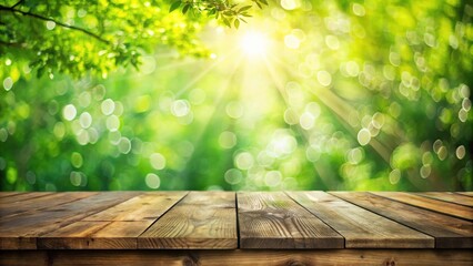 Poster - Rustic Wooden Tabletop Against a Bright, Sunlit Green Natural Background Ideal for Product Displays or Nature-Themed Designs