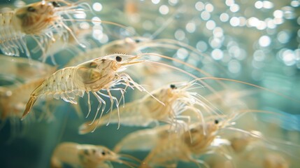 Aufkleber - A group of shrimps move elegantly through a clear body of water, their translucent bodies catching the light and creating mesmerizing patterns as they navigate their surroundings.
