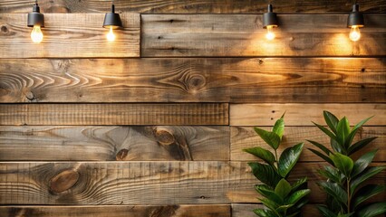 Poster - Rustic Wooden Wall Background with Warm Lighting and Lush Greenery