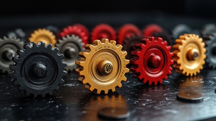 Sticker - Colorful gears mechanism, dark background, studio shot, industrial design