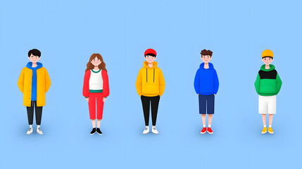 Wall Mural -  A set of cute people characters drawing standing in various poses, isolated on blue background