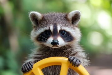 Poster - Curious raccoon explores playground equipment in a lush green environment during daytime