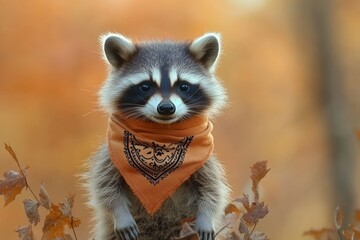 Poster - Raccoon wearing an orange bandana in a forest during autumn season