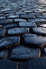 Poster - Wet Cobblestone Pavement Texture with Diminishing Perspective and Subtle Light Reflection