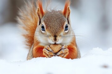 Poster - Active squirrel holds nut in front of its paws while sitting on snow during winter in a calm forest setting
