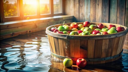 Poster - Wooden tub overflowing with ripe apples sits in shallow water on rustic wooden floor near window with sun shining through