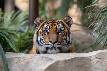 Aufkleber - Majestic tiger resting on a rock in a lush habitat during the daytime
