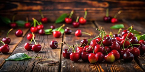 Poster - A bountiful cluster of ripe cherries rests on a rustic wooden surface, surrounded by additional cherries and vibrant green leaves.