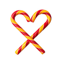 Wall Mural - Two red and yellow candy canes crossed to form a heart shape, . Isolated on transparent background, png.