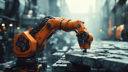 Sticker - Orange robotic arm assembling parts in futuristic factory