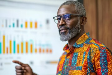 Aufkleber - Professional man presenting financial data in a colorful shirt during a business meeting