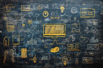 Fototapete - Creative chalkboard with various business and technology sketches in an office setting