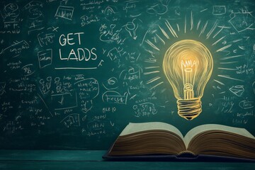 Poster - Creative ideas illuminate the pages of a book with a glowing light bulb on a chalkboard background