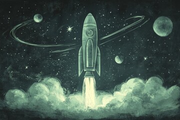 Poster - Rocket launching into space with planets and stars in the background during a dark night