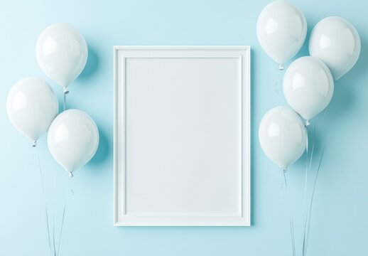 3D rendering of a white blank poster frame mockup with balloons on a light blue background