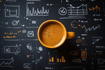 Fototapete - Coffee cup on desk covered with notes and graphs, perfect for a creative brainstorming session