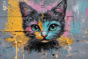 Poster - Vibrant street art depicting a colorful cat's face on a weathered wall in an urban area during daylight