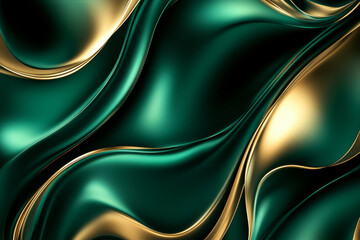 Wall Mural - A luxurious deep emerald green and gold abstract background with fluid, swirling textures, metallic highlights, and an elegant feel. Perfect for high-end, sophisticated branding.