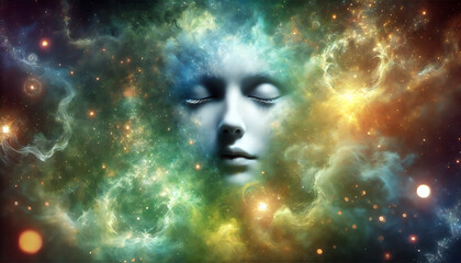 Wall Mural - A face with closed eyes, floating in a cosmic or dream-like environment